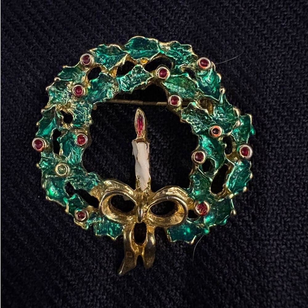 Vintage Christmas Wreath Pin Candle Christmas Holiday Brooch
